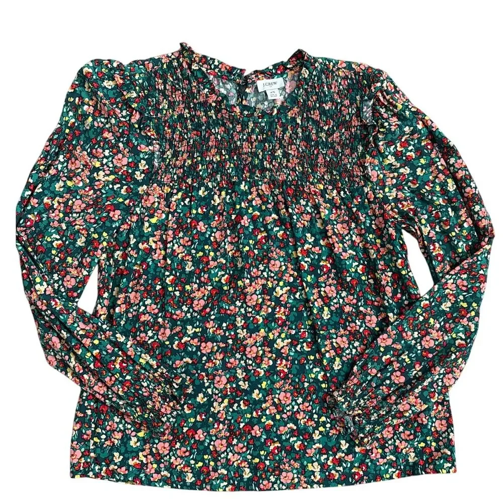 J. Crew Smocked Ruffleneck Top Old Forest‎ Coral Size XS